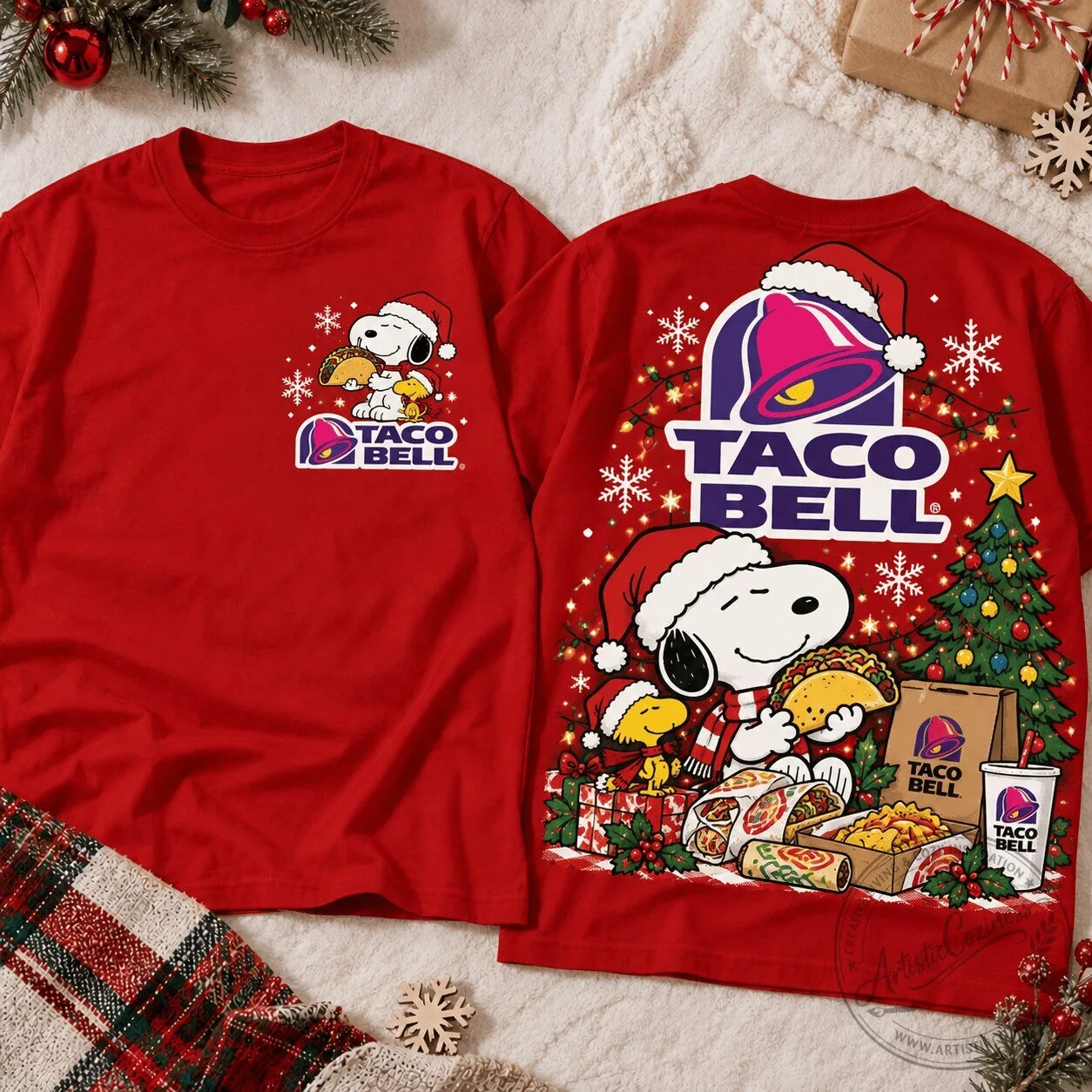Snoopy Taco Bell Christmas Feast Festive Winter Scene Long Sleeve T-Shirt