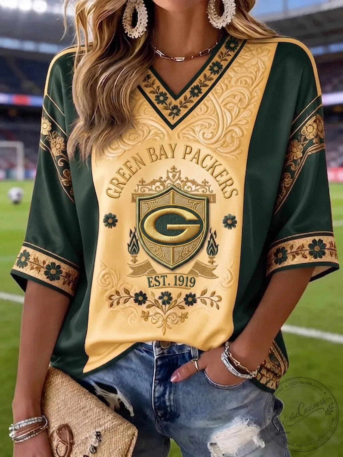 Green Bay Packers Football Fan V-Neck Sports Jersey Top